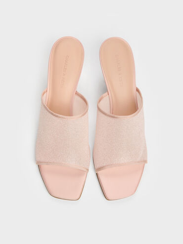Glittered Mesh Heeled Mules, Pink, hi-res