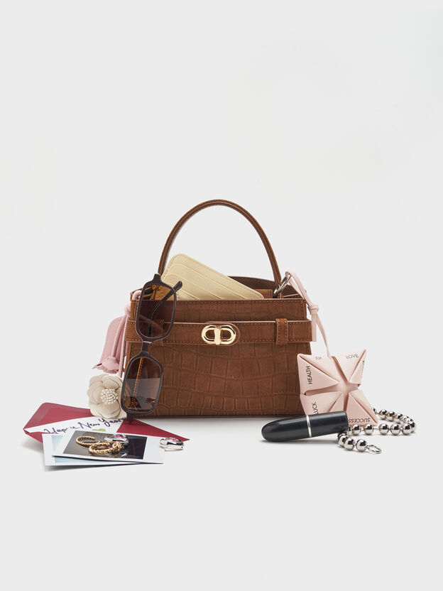 Aubrielle Croc-Effect Belted Top Handle Bag, Chocolate, hi-res