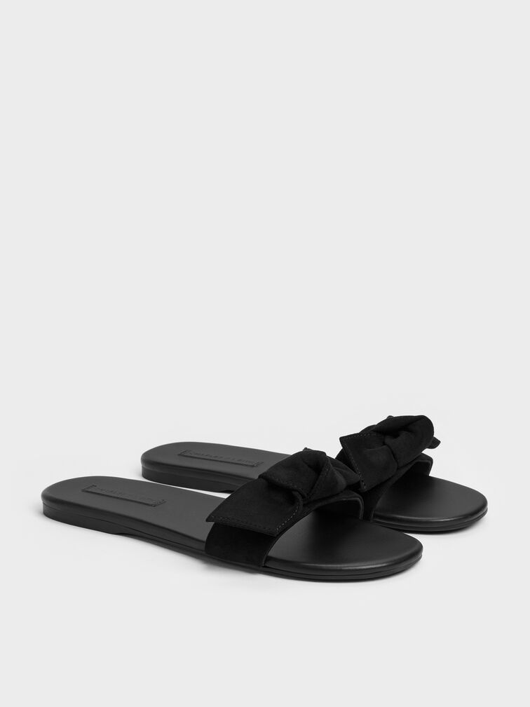 Anika Faux Suede Knot-Bow Slide Sandals, Black Textured, hi-res