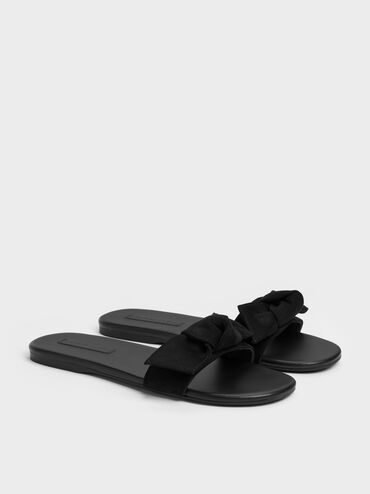 Anika Faux Suede Knot-Bow Slide Sandals, Black Textured, hi-res