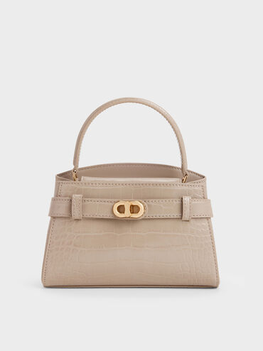 Aubrielle Croc-Effect Belted Top Handle Bag, Taupe, hi-res
