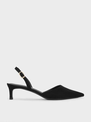 Faux Suede Pointed-Toe Slingback Kitten Heels, Black Textured, hi-res