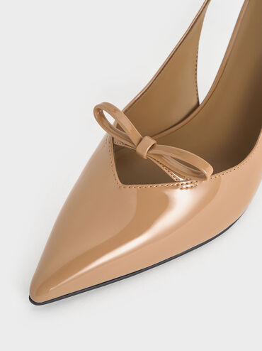 Patent Bow Slingback Pumps, Caramel, hi-res