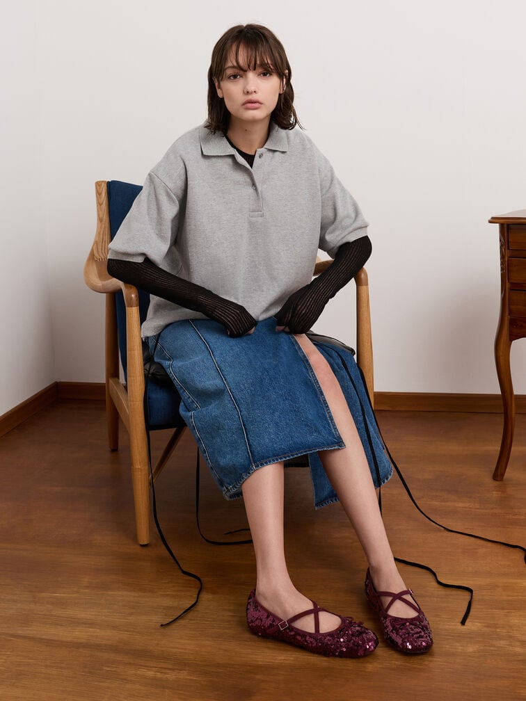 Sequinned Crossover Mary Jane Flats, Burgundy, hi-res