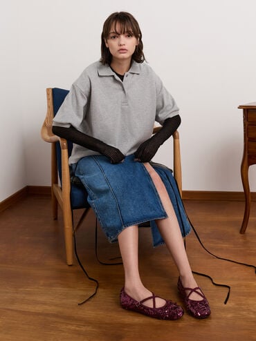 Sequinned Crossover Mary Jane Flats, Burgundy, hi-res