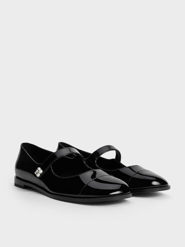 Patent Pearl-Embellished Flower-Buckle Cap-Toe Mary Janes, Black Patent, hi-res