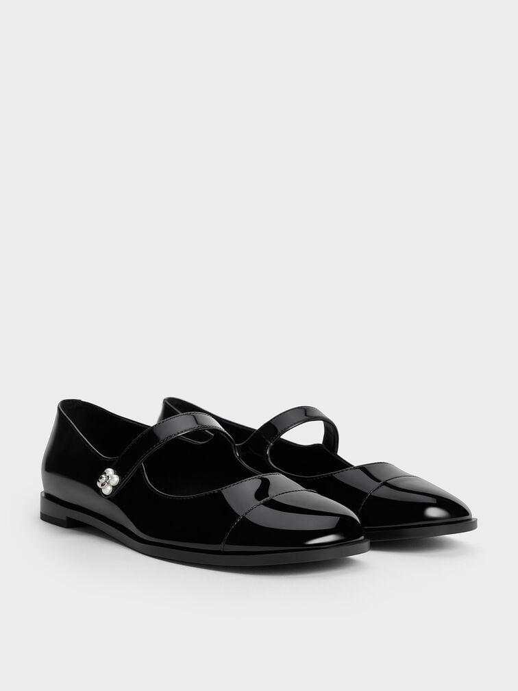 Patent Pearl-Embellished Flower-Buckle Cap-Toe Mary Janes, Black Patent Patent Pearl-Embellished Flower-Buckle Cap-Toe Mary Janes, Black Patent, hi-res