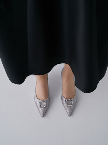 Ever Glittered Gem-Embellished Kitten Heel Pumps, Silver, hi-res