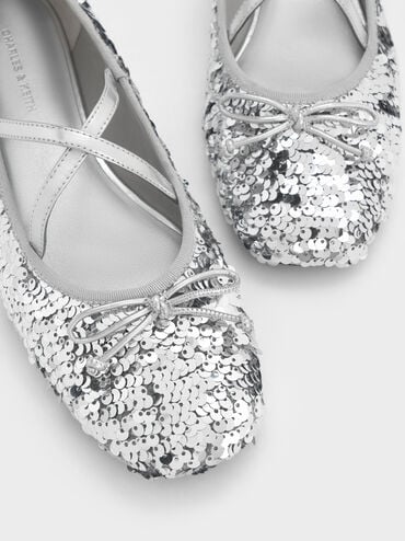 Sequinned Crossover Mary Jane Flats, Silver, hi-res
