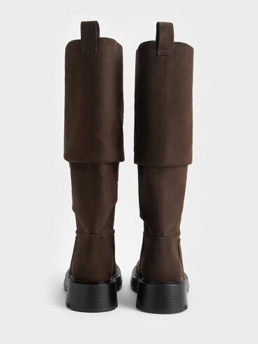 Faux Suede Ruched Knee-High Boots, Brown, hi-res
