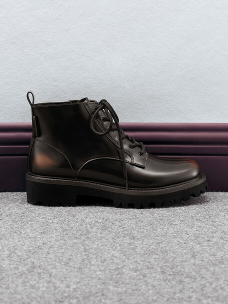 Ridged-Sole Side-Zip Combat Boots, Dark Brown, hi-res