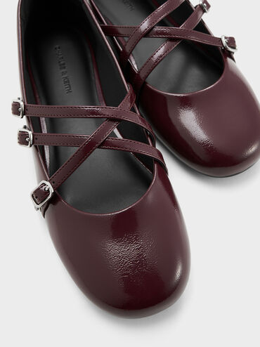 Patent Triple-Strap Crossover Mary Jane Flats, Burgundy, hi-res