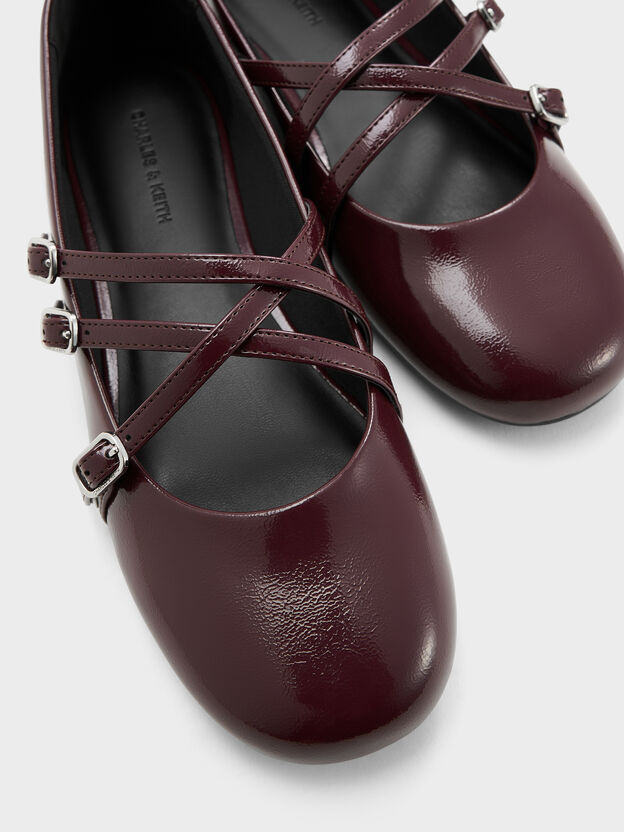 Patent Triple-Strap Crossover Mary Jane Flats, Burgundy, hi-res