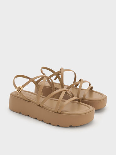Strappy Ridged-Sole Flatform Sandals, Taupe, hi-res
