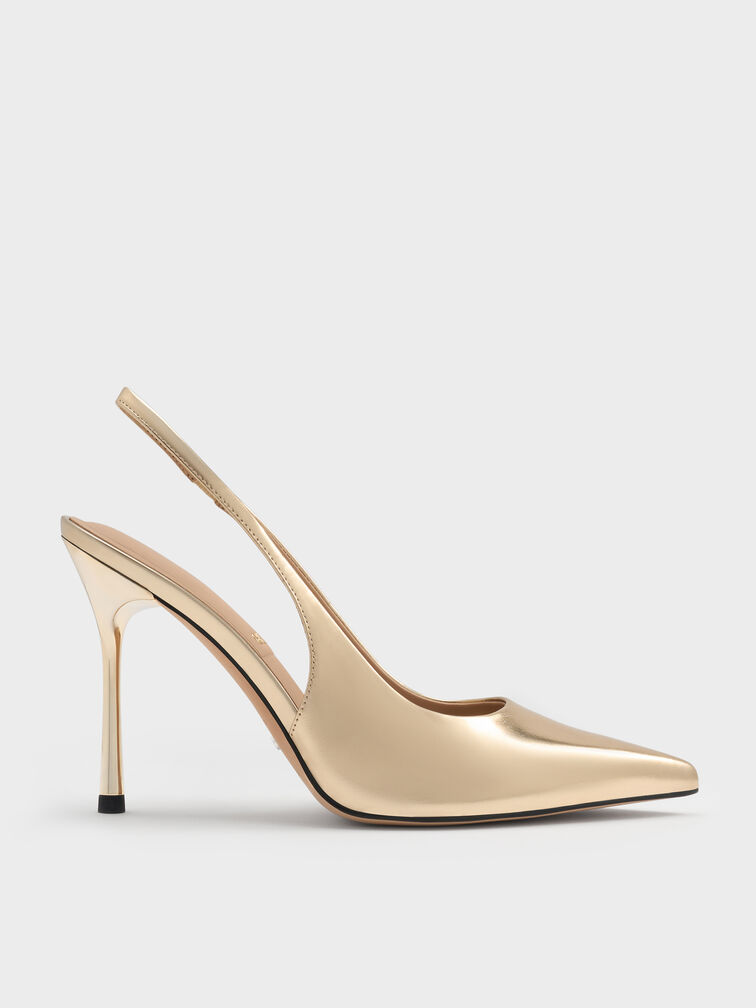 Metallic Leather Slingback Stiletto Pumps, Gold, hi-res