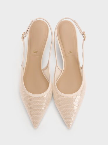 Sequin Mesh & Leather Slingback Kitten Heels, Nude, hi-res