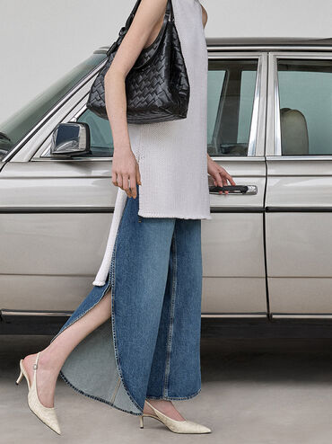 Ivette Woven Pointed-Toe Slingback Pumps, Chalk, hi-res