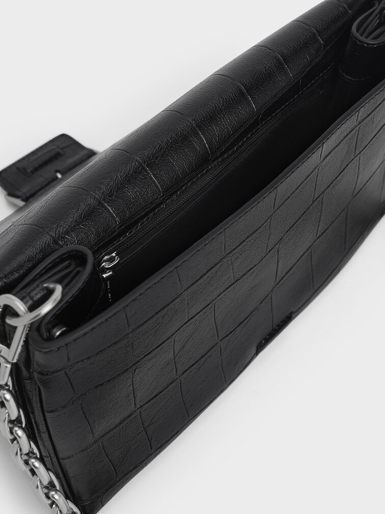 Liv Croc-Effect Grommet Chain-Handle Shoulder Bag, Noir, hi-res