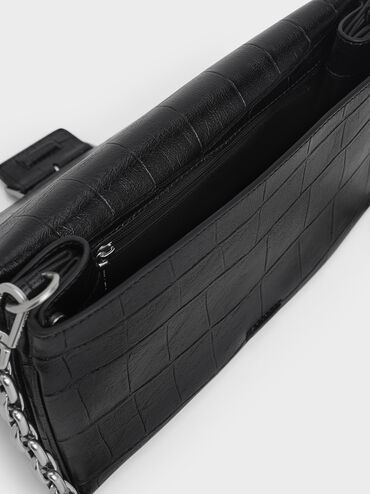 Liv Croc-Effect Grommet Chain-Handle Shoulder Bag, Noir, hi-res