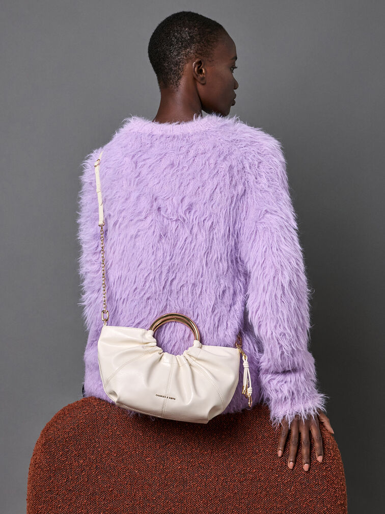 Ciara Ruched Metal Top Handle Bag, Cream, hi-res