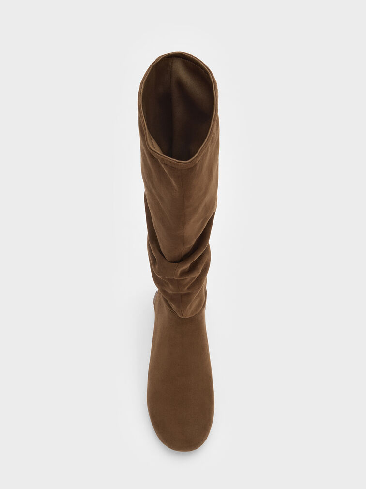 Faux Suede Ruched Knee-High Boots, Brown, hi-res