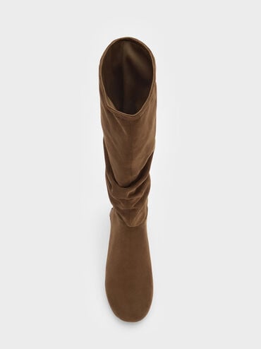 Faux Suede Ruched Knee-High Boots, Brown, hi-res