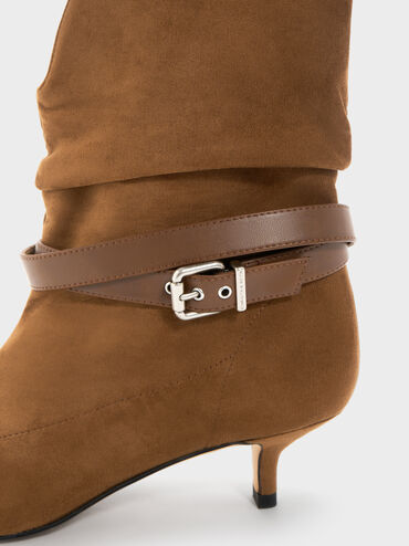 Karter Faux Suede Pointed-Toe Ruched Buckled Kitten-Heel Boots, Cognac, hi-res