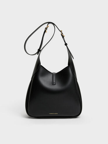 Adalyn Metallic-Buckle Belted Hobo Bag, Black, hi-res