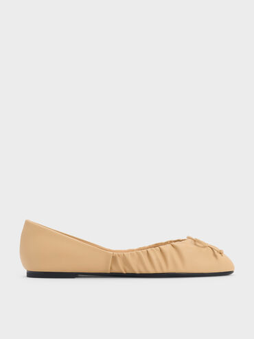 Ruched Bow Ballet Flats, Sand, hi-res