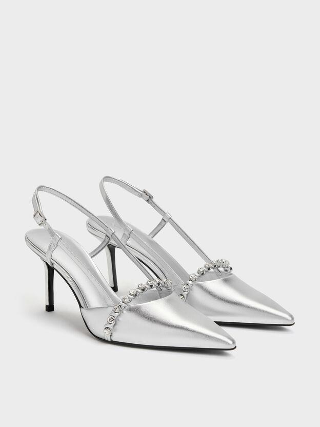 Metallic Crystal Slingback Pumps, Silver, hi-res