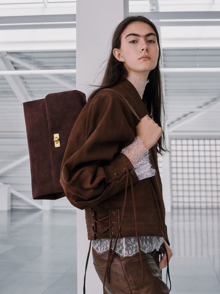 Kerry Recycled Suede Top Handle Satchel Bag, Espresso Brown, hi-res