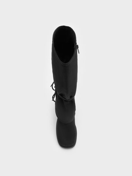 Faux Suede Tie-Around Knee-High Boots, Black Textured, hi-res