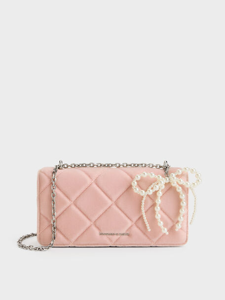 Paffuto Velvet Quilted Wallet On Chain, Pink, hi-res