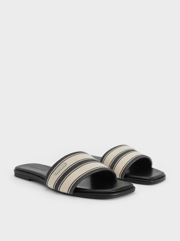 Striped Square-Toe Slide Sandals, Black Textured, hi-res