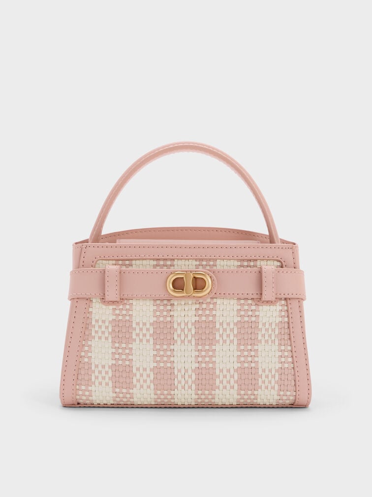 Aubrielle Checkered BeltedTop Handle Bag, Light Pink, hi-res