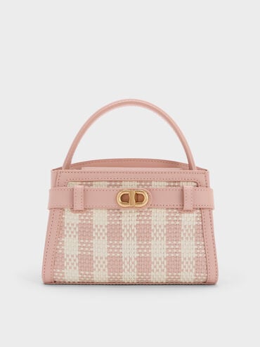 Aubrielle Checkered BeltedTop Handle Bag, Light Pink, hi-res