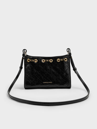 Duo Quilted Drawstring Bucket Bag, Black, hi-res