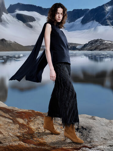 Aretha Suede Bow Kitten-Heel Calf Boots, Brown, hi-res