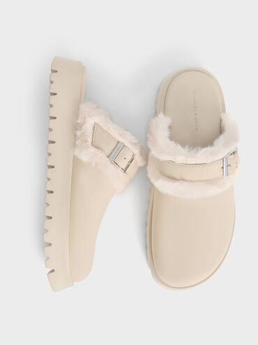 Hannah Textured Fur-Trim Buckled Mules, Beige, hi-res