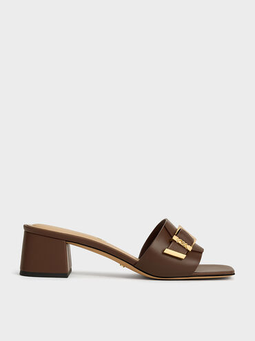 Whitney Leather Buckled Block-Heel Mules, Dark Brown, hi-res