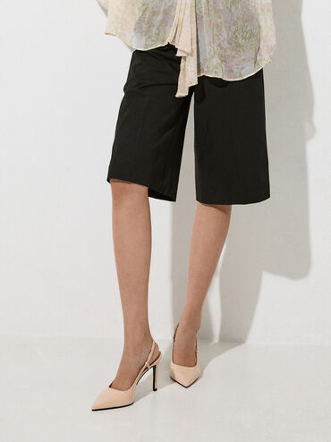 Chain-Strap Pointed-Toe Slingback Pumps, Nude, hi-res