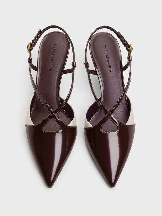 Two-Tone Pointed Slingback Pumps, Burgundy, hi-res