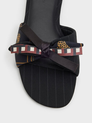 Satin Printed Bow Slide Sandals, Black Textured, hi-res