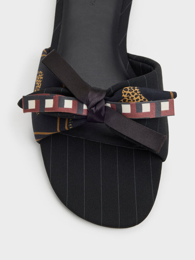 Satin Printed Bow Slide Sandals, Black Textured, hi-res
