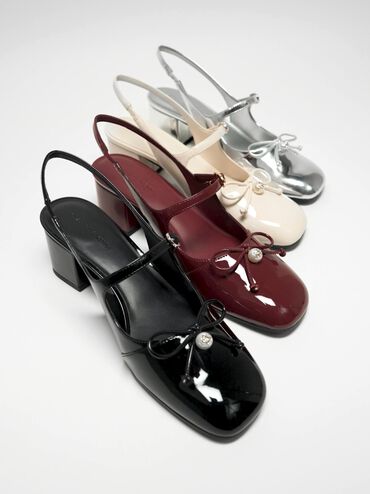 Patent Bow Crystal-Pearl Slingback Mary Jane Pumps, Black Patent, hi-res