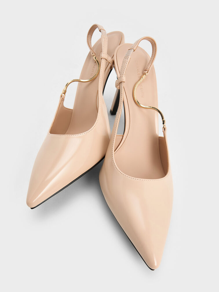 Chain-Strap Pointed-Toe Slingback Pumps, Nude, hi-res