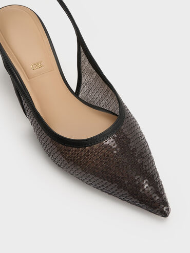 Sequin Mesh & Leather Slingback Kitten Heels, Black Textured, hi-res