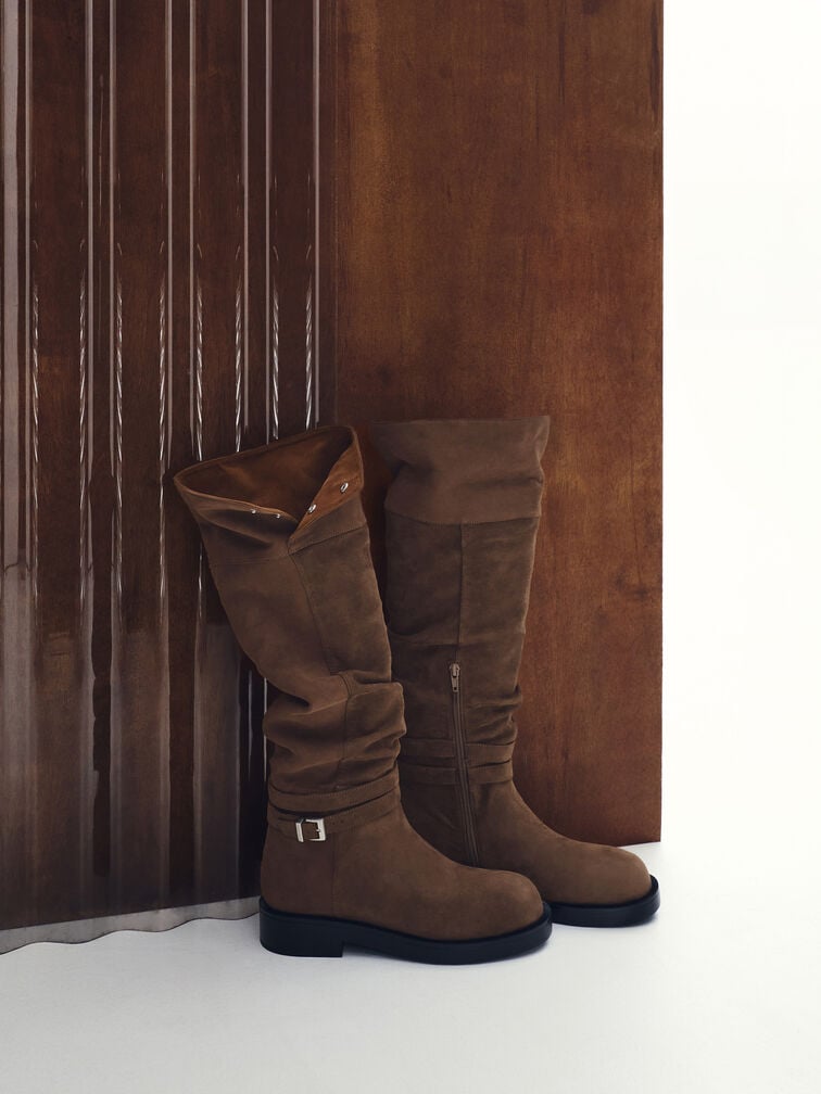 Ellis Faux Suede Ruched Buckled Fold-Over Thigh-High Boots, Dark Brown Textured, hi-res