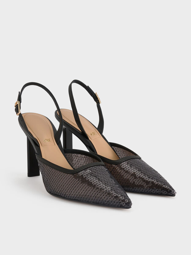 Sequin Mesh & Leather Pointed Slingback Pumps, Black Textured, hi-res