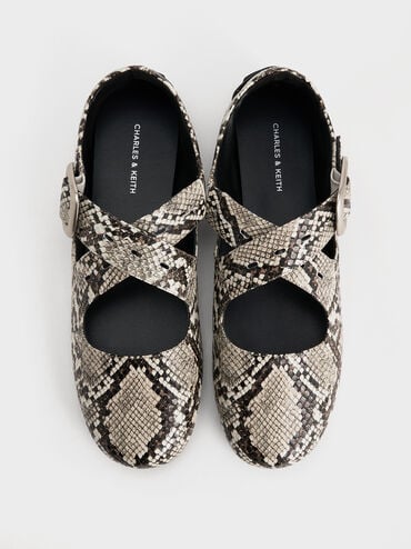Snake-Print Crossover-Strap Mary Janes, Animal Print Natural, hi-res